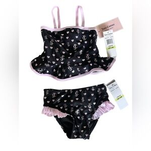 Girls Juicy Couture Black & Pink Heart Logo Ruffle Tankini Swim Set - NWT